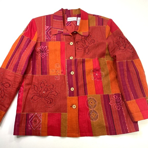 Alfred Dunner Jackets & Blazers - Alfred Dunner Jacket Womens 14 Red Patchwork Floral Embroidered Beaded LinBlend